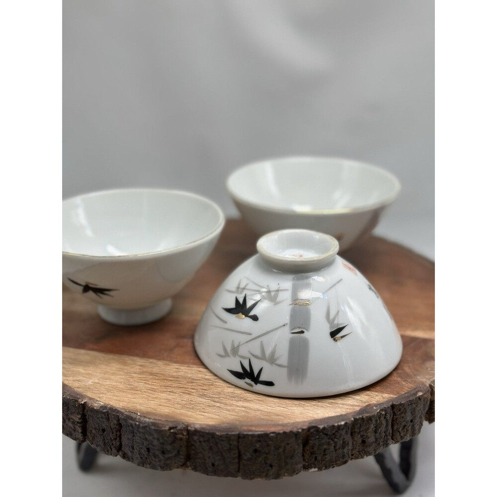 Japanese Footed Rice Bowls Cranes Bamboo Porcelain Set Of 3